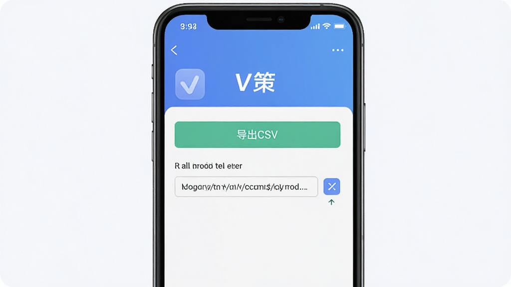 手机屏幕展示V策的数据导出界面,有“导出CSV”按钮和文件路径选择框,背景干净,风格简洁,画质清晰,画面中有“V策”应用名称