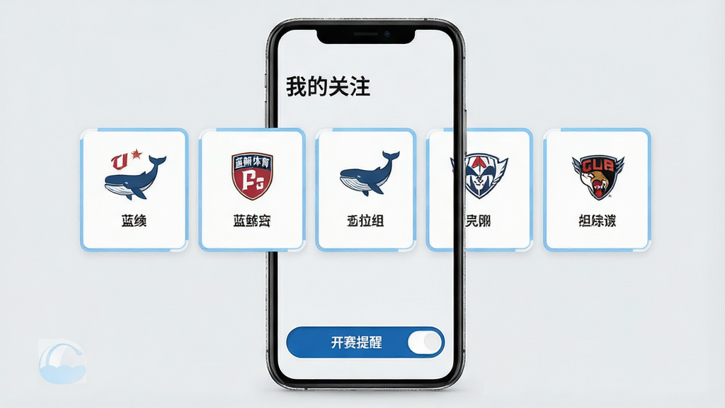 蓝鲸体育应用内个性化订阅页面,主体为手机屏幕展示关注球队列表,布局顶部为“我的关注”标题,中间是球队图标与名称的横向卡片,底部为开赛提醒开关按钮,排版整齐,风格简约运动,细节上卡片有淡蓝色描边,背景为浅灰色,画质清晰干净,无多余元素。