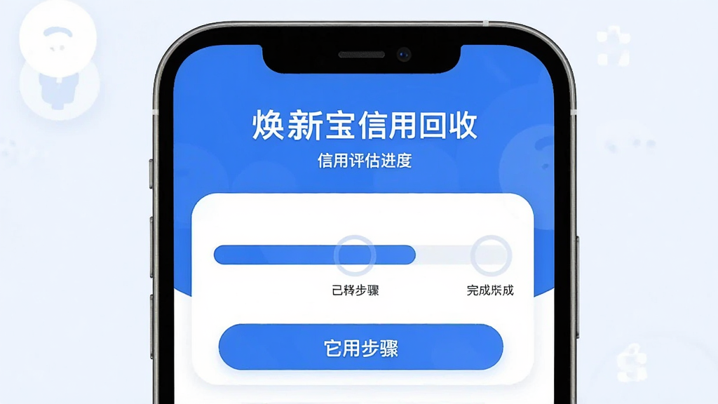 焕新宝信用回收 信用评估进度页面 手机屏幕显示进度条和已完成步骤 蓝色主色调 圆形图标 干净背景 扁平化设计 高清画质 无多余元素
