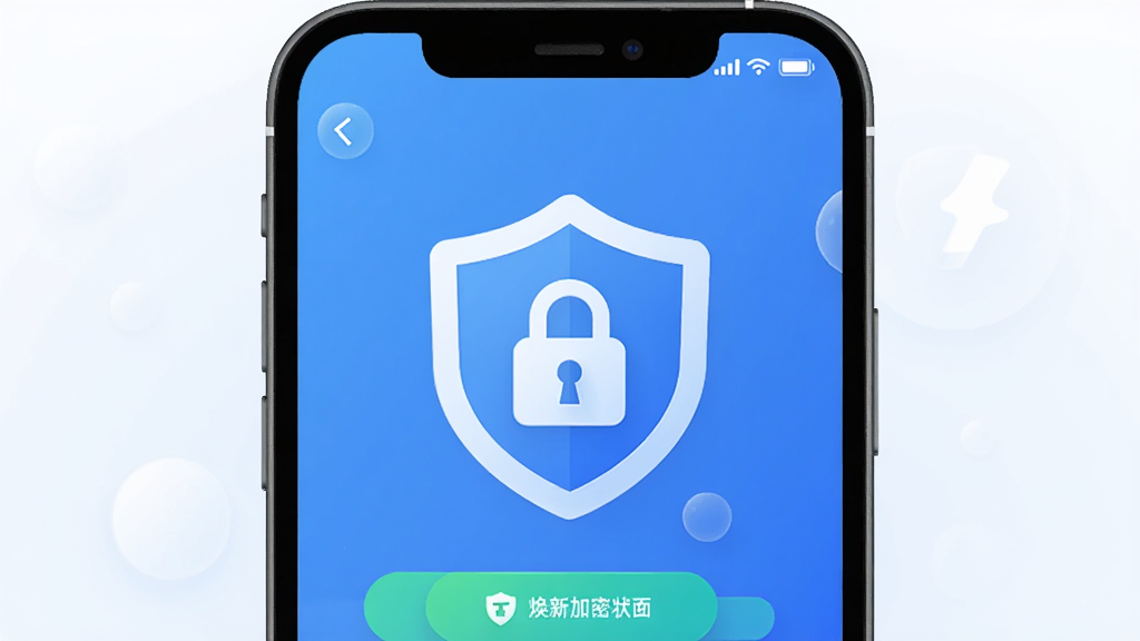 焕新宝信用回收 安全加密图标 盾牌与锁结合 蓝色渐变背景 手机界面展示加密状态 扁平风格 细节圆润 高清画质 干净无多余元素