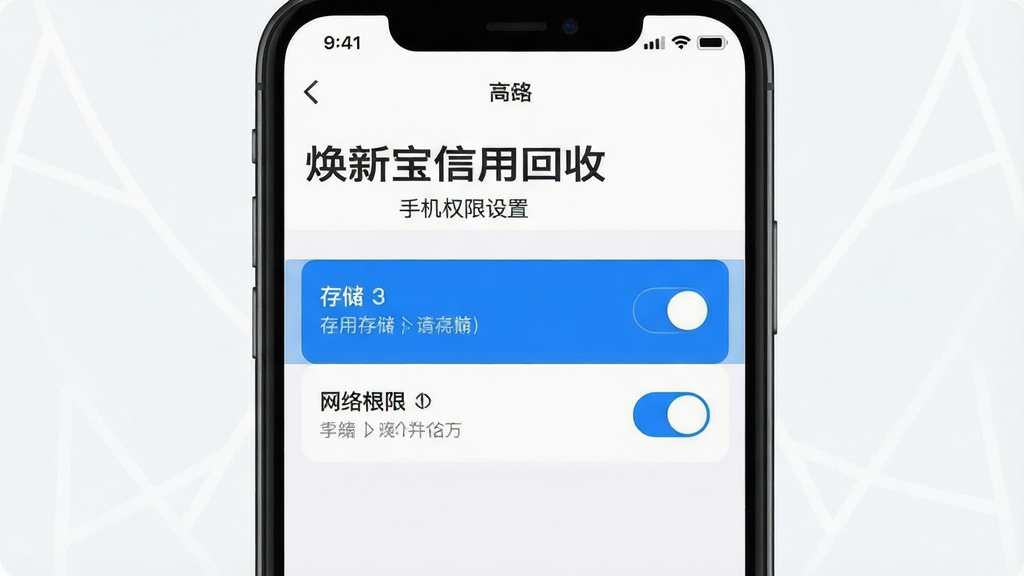 焕新宝信用回收 手机权限设置界面 显示存储和网络权限开关 蓝色高亮 扁平化设计 干净背景 高清画质 无多余元素