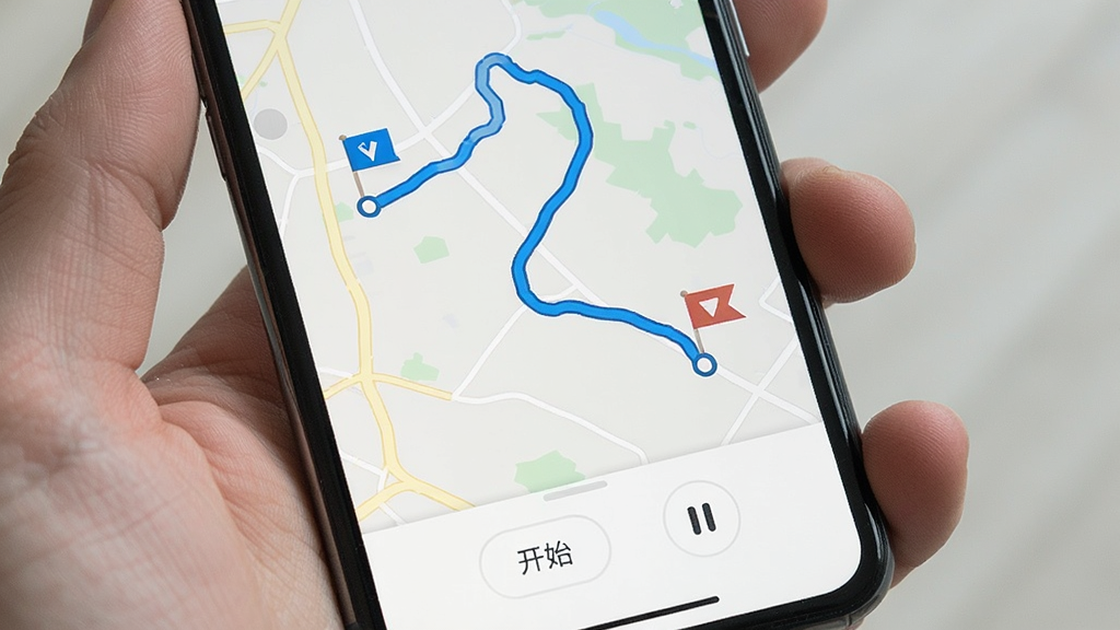 手机屏幕显示旅图显影的轨迹记录页面,画面主体是一条弯曲的蓝色轨迹线覆盖在浅色地图上,轨迹旁边标注了起点和终点的小旗帜图标,屏幕底部有开始和暂停按钮,整体布局上下结构,排版留白充足,风格清新简约,细节干净,画质清晰,无多余元素
