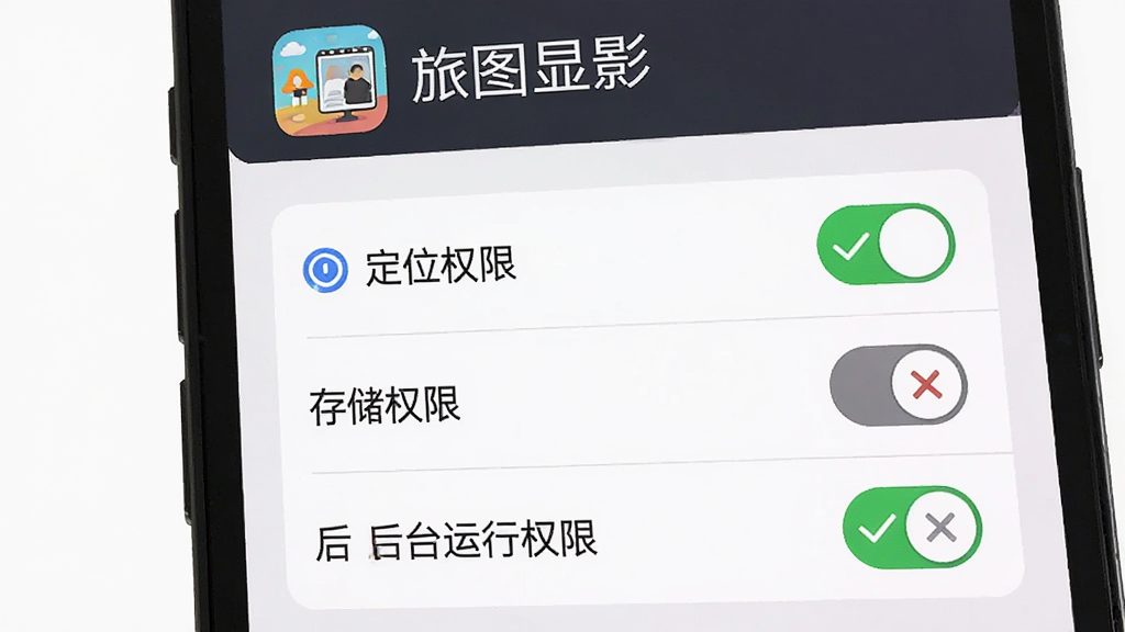 旅图显影新手设置引导界面图,画面主体是手机屏幕显示权限设置列表,包括定位权限、存储权限、后台运行权限三个开关项,开关旁边有对勾或叉号标识,屏幕上方有旅图显影的软件图标和名称,整体布局上下排列,排版清晰,风格扁平化,细节干净,画质清晰,无多余元素