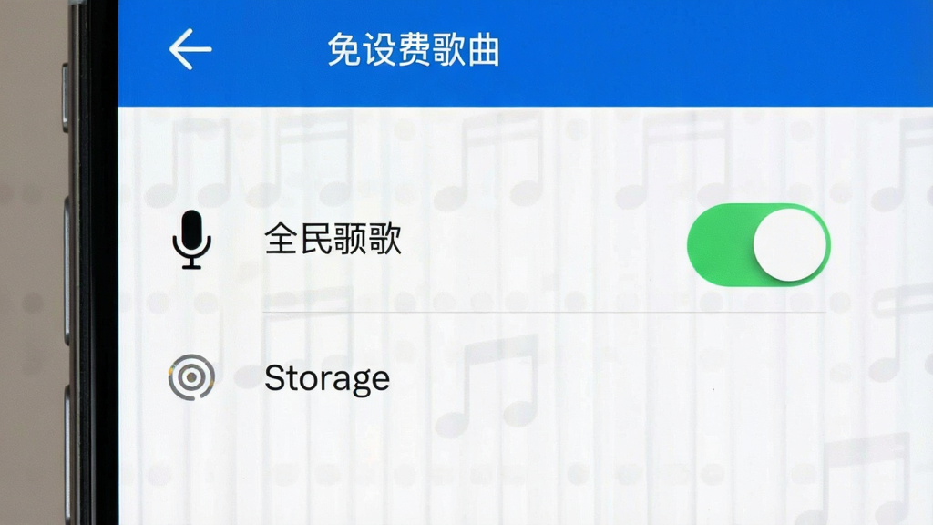全民唱歌免费歌曲 手机设置权限界面 显示麦克风和存储权限开关 风格简洁 画质清晰 无多余元素