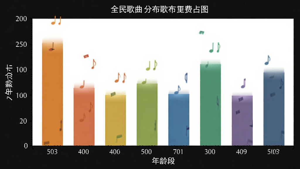 全民唱歌免费歌曲 用户年龄分布柱状图 横轴为年龄段 纵轴为人数占比 柱状颜色区分 风格简洁 数据清晰 画质干净