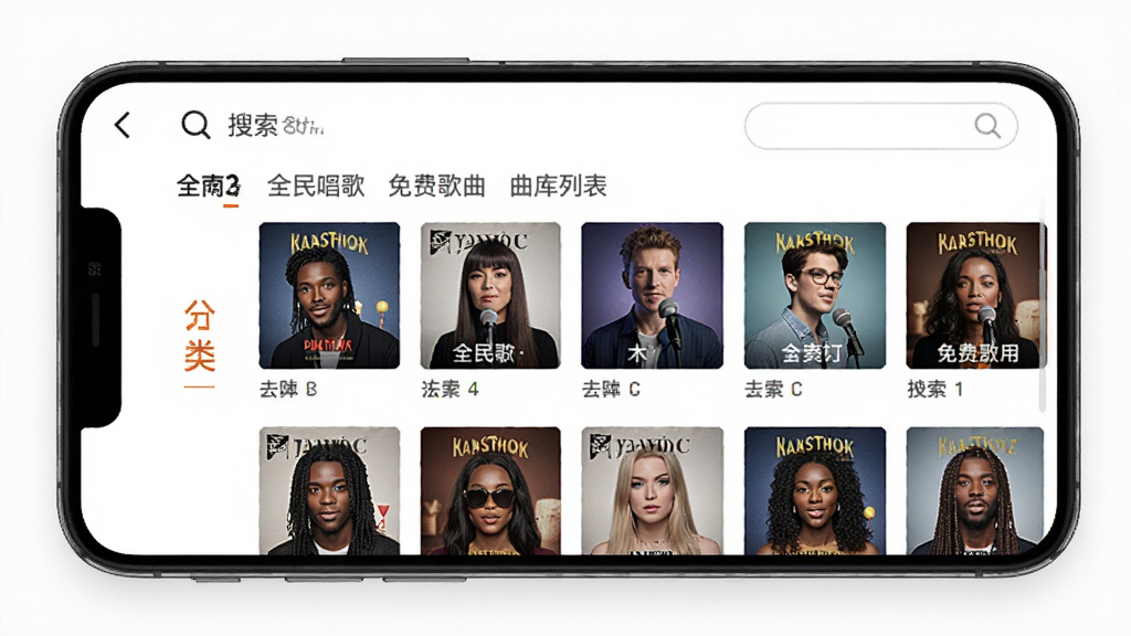 全民唱歌免费歌曲 曲库列表界面 手机屏幕展示 分类标签清晰 歌曲封面排列整齐 有搜索框 风格简洁 画质干净