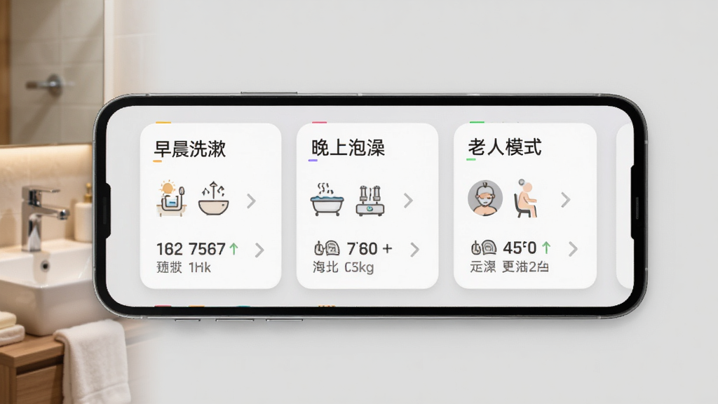 恩仕智慧浴室场景预设界面,手机屏幕显示多个场景卡片,卡片名称分别为“早晨洗漱”“晚上泡澡”“老人模式”,每个卡片上有对应的设备图标和参数摘要,背景是浅灰色,风格温馨居家,画质干净无多余元素