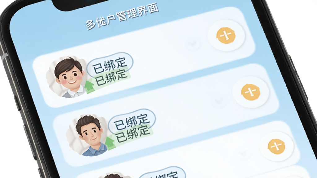 恩仕智慧浴室多用户管理界面,手机屏幕显示家庭成员头像列表,每个头像旁边有“已绑定”标签和权限设置图标,背景是浅蓝色,风格友好亲切,画质清晰无多余元素