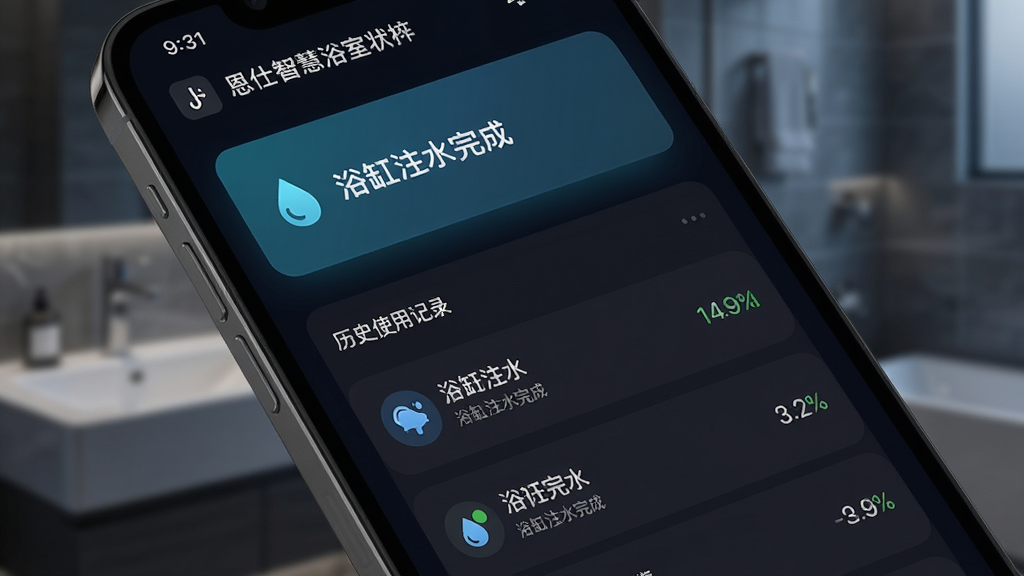 恩仕智慧浴室状态监控界面,手机屏幕显示设备状态卡片,卡片上有“浴缸注水完成”的通知条,下方是历史使用记录列表,背景是深色模式,风格科技感,画质清晰