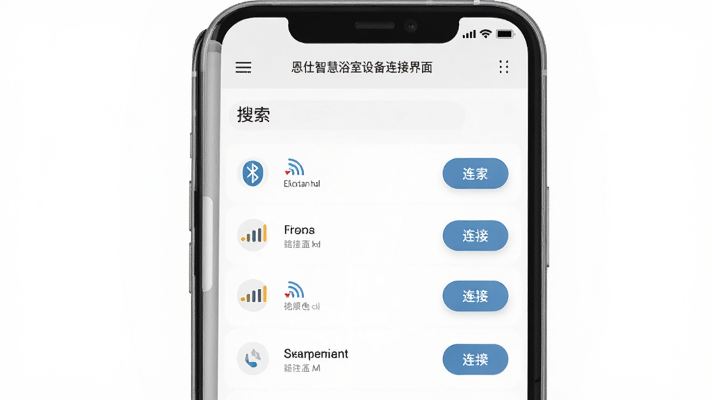 恩仕智慧浴室设备连接界面,手机屏幕显示搜索到的蓝牙设备列表,每个设备旁边有信号强度图标和连接按钮,背景是干净的白色,风格扁平化,画质清晰