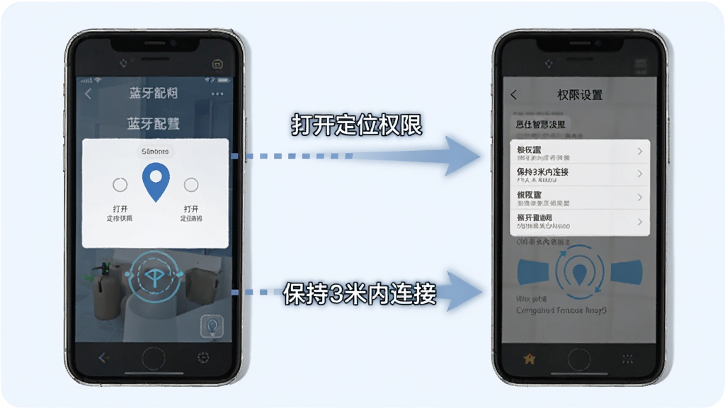 恩仕智慧浴室操作技巧示意图,手机屏幕显示蓝牙配对界面和权限设置页面,旁边有箭头标注“打开定位权限”“保持3米内连接”,背景是浅色,风格教程类,画质清晰