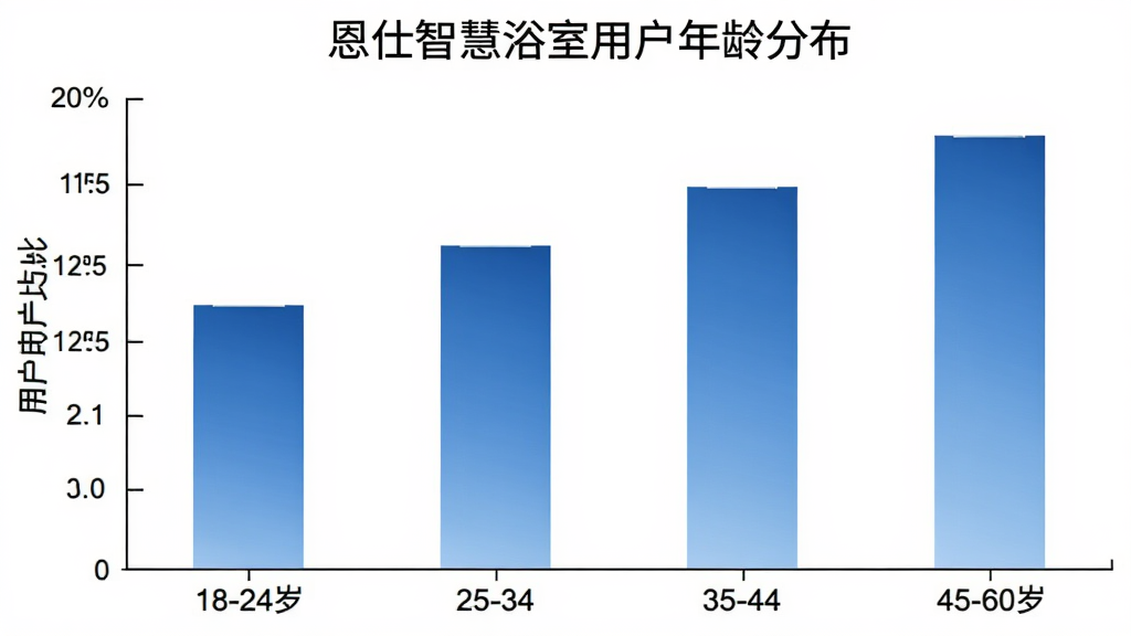 恩仕智慧浴室用户年龄分布柱状图,横轴为年龄段18-24岁、25-34岁、35-44岁、45-60岁,纵轴为用户占比,柱子颜色为蓝色渐变,图表标题为“恩仕智慧浴室用户年龄分布”,背景白色,风格数据可视化,画质清晰