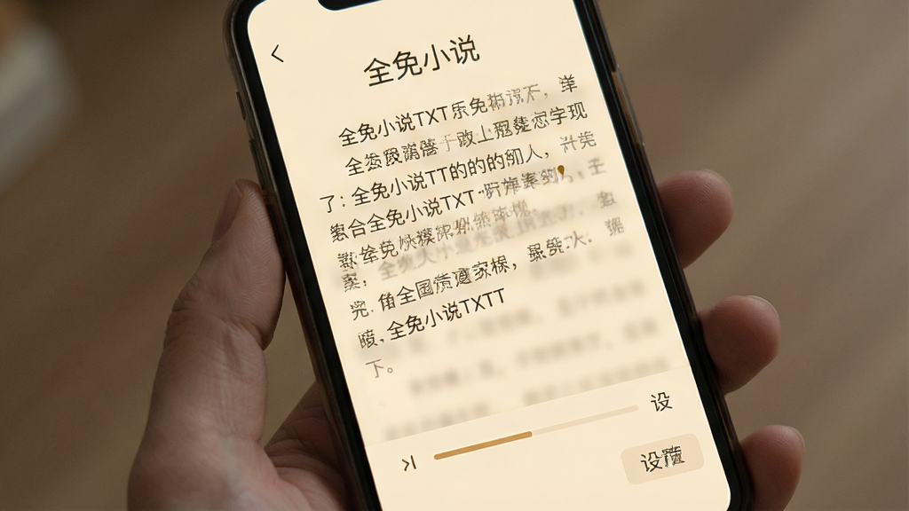 一张手机阅读界面展示图,屏幕中显示“全免小说TXT”的阅读页面,背景为米黄色护眼模式,文字排版整齐,页面底部有翻页进度条和设置按钮,整体风格柔和舒适,画质干净无多余元素