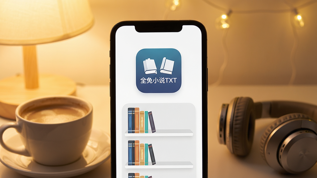 一张手机应用界面展示图,画面中央是手机屏幕,屏幕上显示“全免小说TXT”的App图标和简洁的书架界面,背景是柔和的暖色调灯光,旁边放着一杯咖啡和一副耳机,整体风格温馨舒适,画质清晰干净,无多余元素
