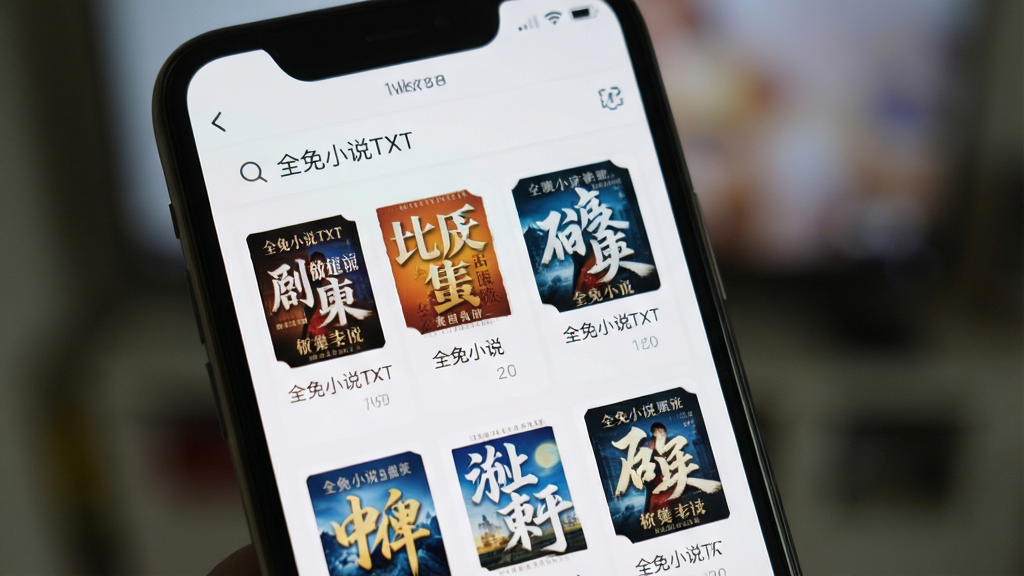 一张手机屏幕特写图,屏幕中显示“全免小说TXT”的搜索结果列表,列表中有多本小说封面和书名,界面简洁无广告,背景虚化处理,突出手机屏幕内容,画质干净清晰