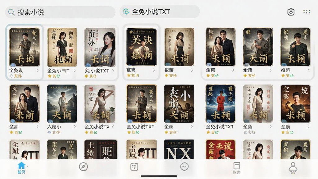 一张手机应用书架界面截图,屏幕中显示“全免小说TXT”的书架页面,有多本小说按分组排列,界面干净整洁,顶部有搜索栏,底部有导航栏,背景为浅色,画质清晰干净
