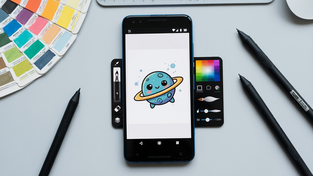 一张展示画星人插画软件核心全貌的场景图,画面中央是一部安卓手机,手机屏幕上显示着画星人插画的绘画界面,画布上有一幅正在绘制的卡通小星球插画,左侧是竖排工具栏包含笔刷、橡皮、图层图标,右侧是调色盘和笔刷参数滑块,手机周围散落着几支触控笔和一片色彩斑斓的色卡,背景是柔和的浅灰色工作台,整体风格清新简洁,画质干净,无多余元素