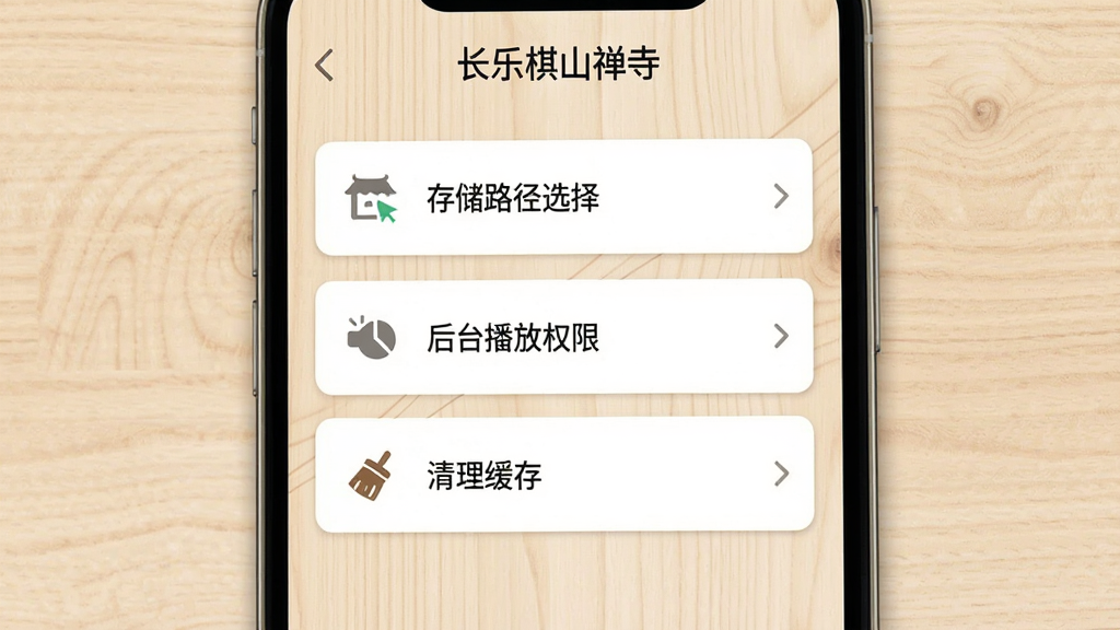 一张手机应用设置界面的示意图,画面主体是一个手机屏幕,屏幕上显示着“长乐棋山禅寺”的设置页面,页面内有“存储路径选择”、“后台播放权限”、“清理缓存”等选项,每个选项旁边有简洁的图标。界面设计采用卡片式布局,背景是淡淡的木纹纹理。整体风格直观、易用,画质清晰,无多余元素。