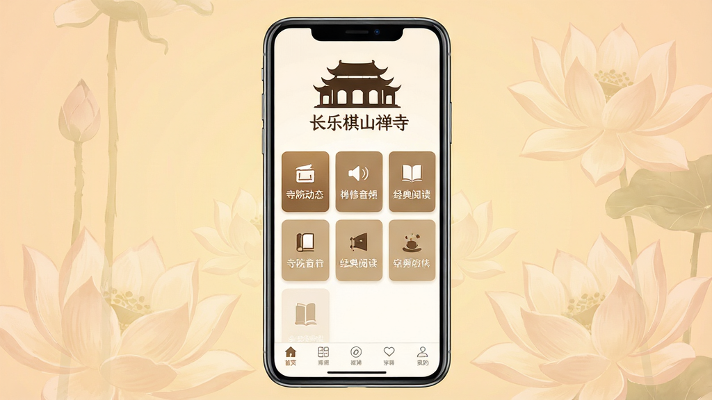 一张手机应用界面的展示图,画面中央是手机屏幕,屏幕上显示着“长乐棋山禅寺”的应用主界面,界面顶部是古朴的寺庙剪影图标和“长乐棋山禅寺”文字,中间是整齐的功能模块卡片,包括“寺院动态”、“禅修音频”、“经典阅读”等,底部是导航栏。背景是柔和的暖色调,带有淡淡的莲花图案水印。整体风格宁静、古朴、简洁,画质清晰,无多余元素。