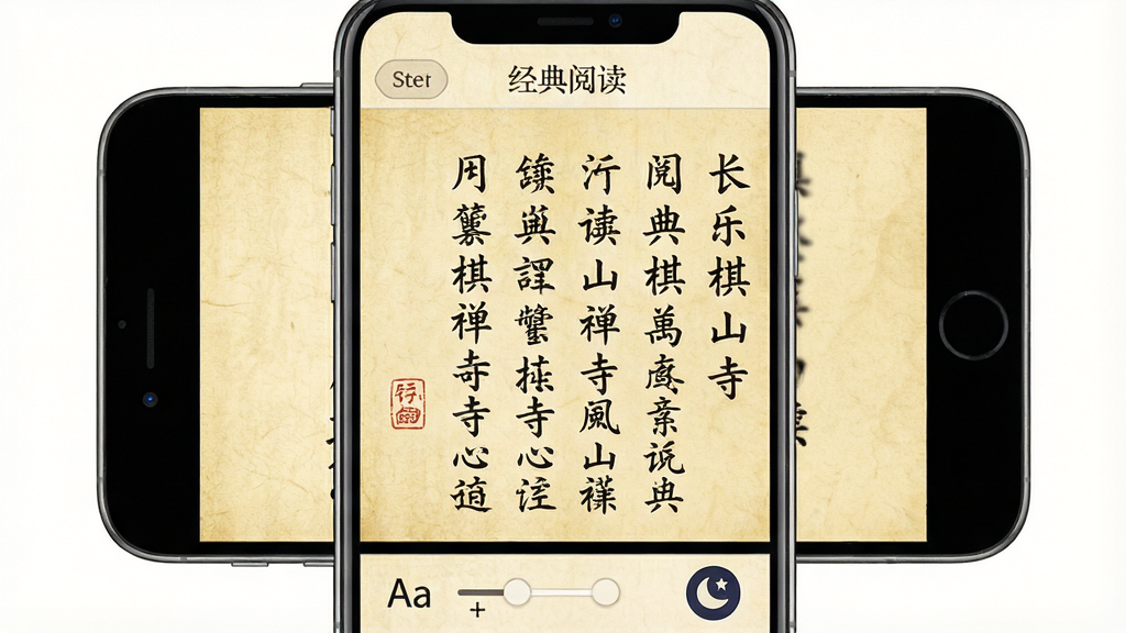 一张阅读界面的示意图,画面主体是一个手机屏幕,屏幕上显示着“长乐棋山禅寺”的经典阅读页面,页面内是竖排的繁体中文经文段落,字体古朴,背景是仿古宣纸的淡黄色纹理。屏幕上方有“经典阅读”的标题和返回按钮,下方有字号调节和夜间模式的图标。整体风格文雅、安静,画质清晰,无多余元素。