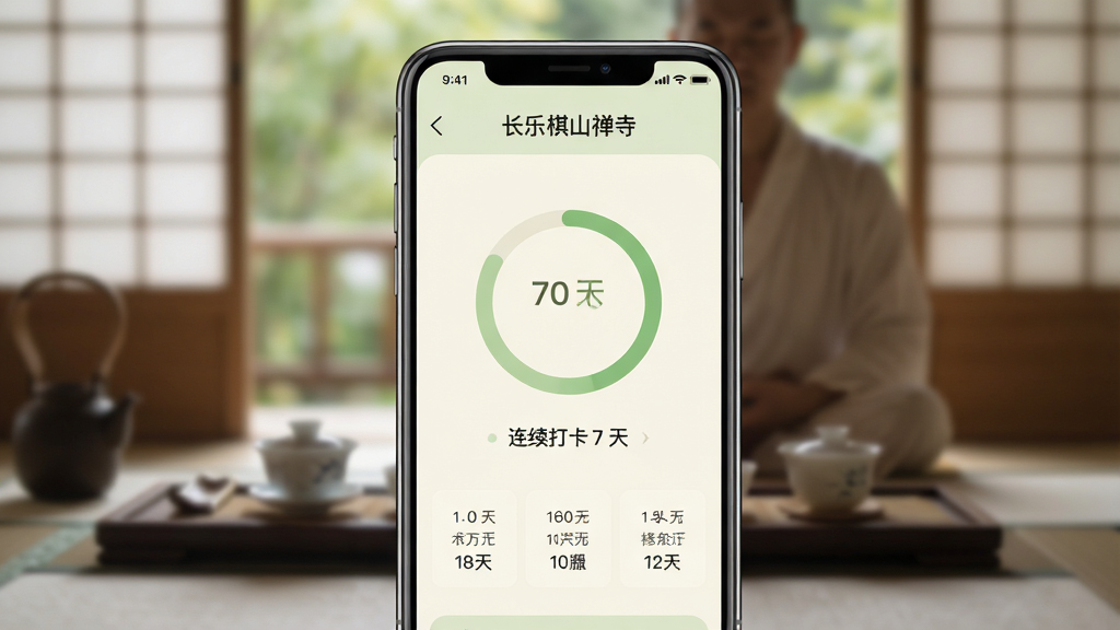 一张个人记录界面的示意图,画面主体是一个手机屏幕,屏幕上显示着“长乐棋山禅寺”的个人修行记录页面,页面中央是一个圆环形的打卡进度图,下方有“连续打卡 7 天”的文字和几个简单的数据统计。界面设计简洁,以米白色和淡绿色为主色调。背景是虚化的禅意茶室场景。整体风格清新、平和,画质干净,无多余元素。