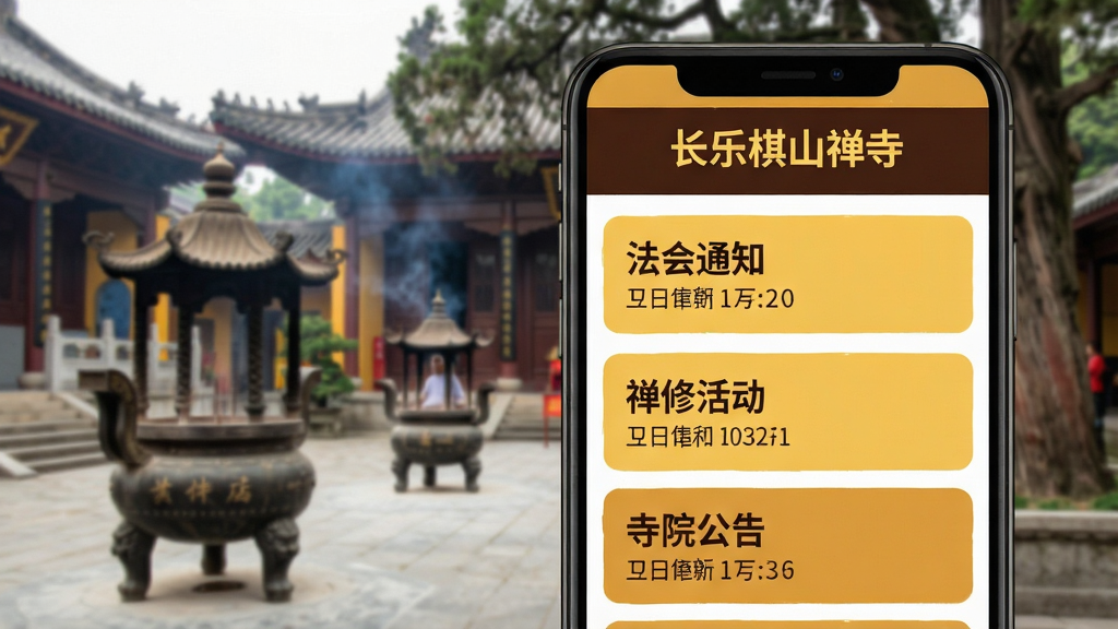 一张信息展示界面的示意图,画面主体是一个手机屏幕,屏幕上显示着“长乐棋山禅寺”的资讯列表页面,列表项包含“法会通知”、“禅修活动”、“寺院公告”等标题和简短的日期描述。界面设计采用暖黄色和深棕色搭配,字体清晰易读。背景是虚化的寺庙庭院场景,有香炉和古树。整体风格古朴、资讯感强,画质干净,无多余元素。