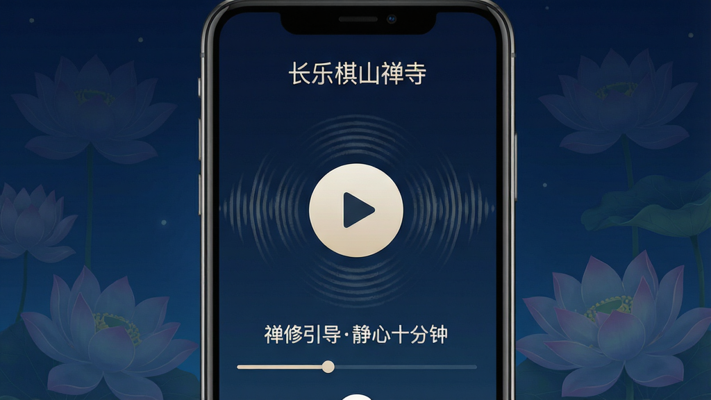一张音频播放界面的示意图,画面主体是一个手机屏幕,屏幕上显示着“长乐棋山禅寺”的音频播放器界面,中间是一个禅意风格的圆形播放按钮,周围环绕着音波纹理,下方有音频标题“禅修引导静心十分钟”和进度条。背景是深蓝色的夜空和淡淡的莲花图案。整体风格宁静、深邃,画质清晰,无多余元素。