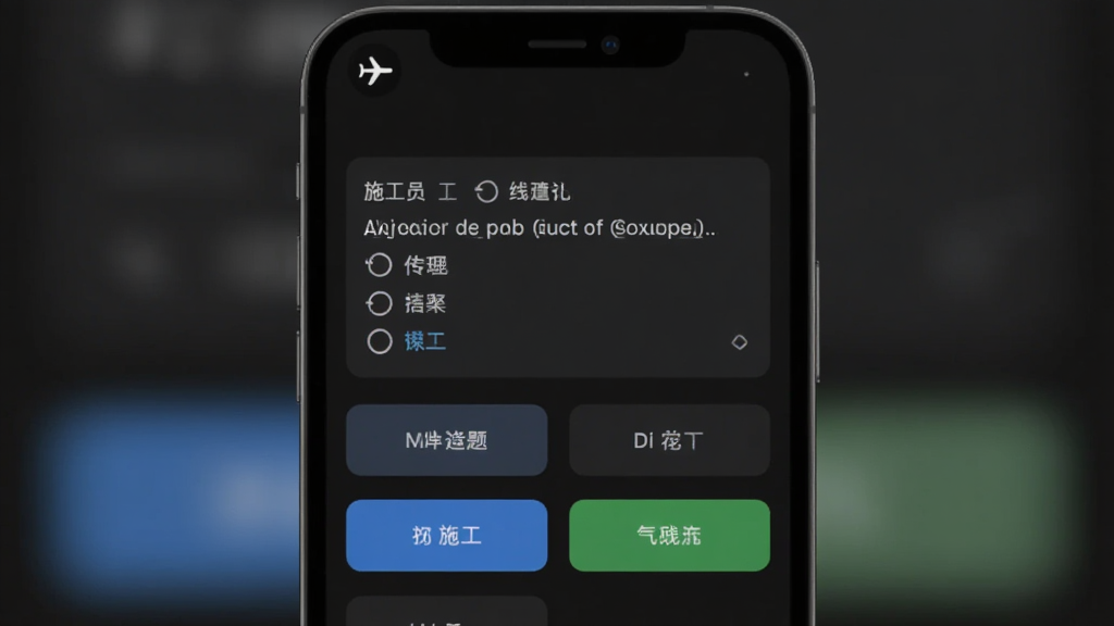 施工员超题库离线模式下的刷题界面,手机顶部显示飞行模式图标,屏幕中间是一道单选题,下方有选项按钮,背景为深色护眼模式,界面干净无广告