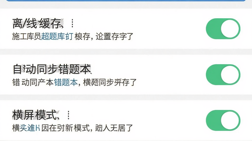 施工员超题库APP设置界面截图,显示离线缓存、自动同步错题本、横屏模式等开关选项,界面布局整齐,每个选项旁边有简要说明文字