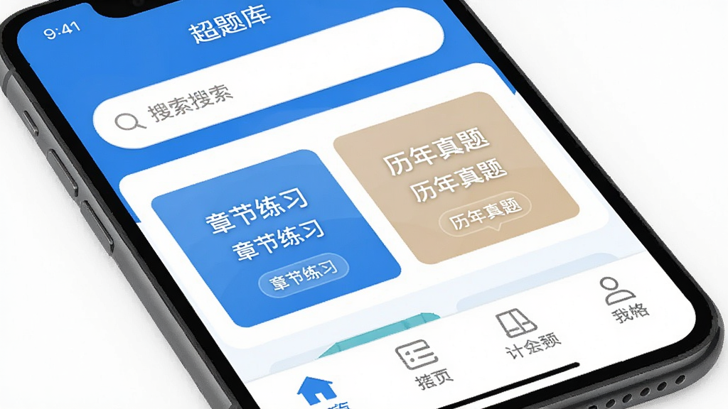 手机屏幕特写展示施工员超题库APP首页界面,顶部搜索框,中间是章节练习和历年真题的大按钮,底部导航栏清晰,蓝白配色,扁平化风格,画面干净整洁,无多余元素,高清画质