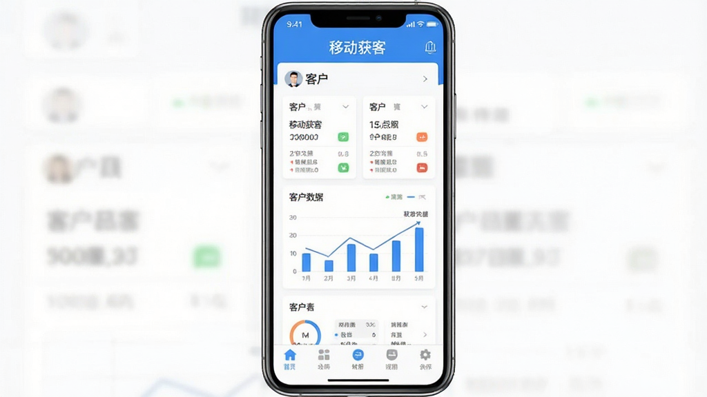 移动获客软件主界面截图,手机屏幕居中展示,顶部是“移动获客”应用名称,中间显示客户列表和获客数据统计图表,底部为功能导航栏,整体采用蓝白配色,扁平化设计风格,界面干净整洁,画质清晰无多余元素