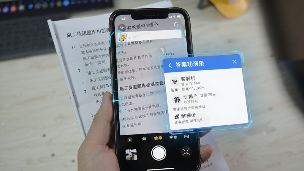 施工员超题库拍照搜题功能演示,手机摄像头对准一本试卷,屏幕上自动识别出题目文字并弹出答案和解析浮窗,界面具有科技感,蓝白色调