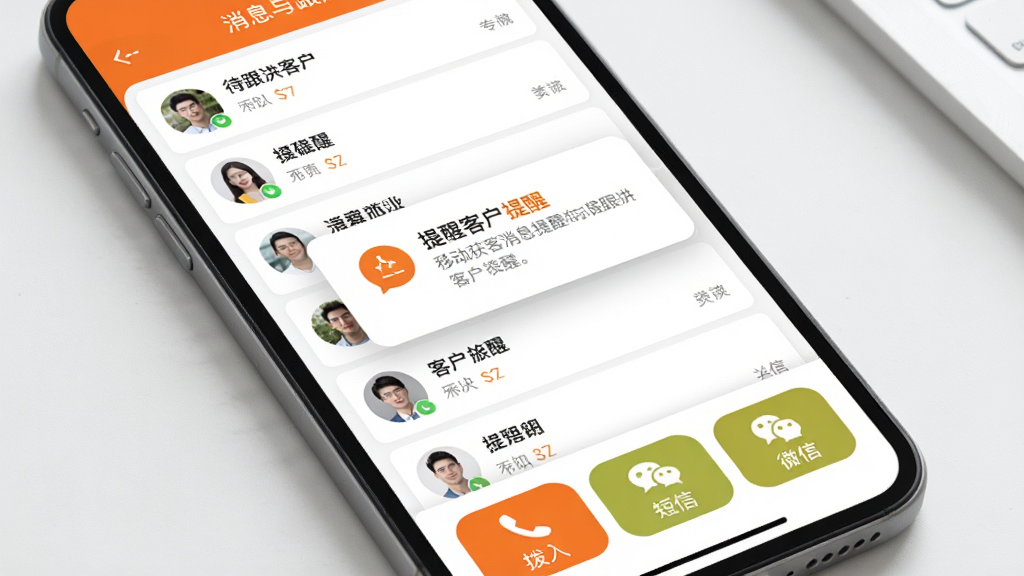 移动获客消息提醒与跟进界面,手机屏幕显示待跟进客户列表和提醒通知弹窗,底部有拨号、短信、微信三个快捷操作按钮,界面以橙色和白色为主色调,突出提醒功能,风格简洁实用,画质清晰