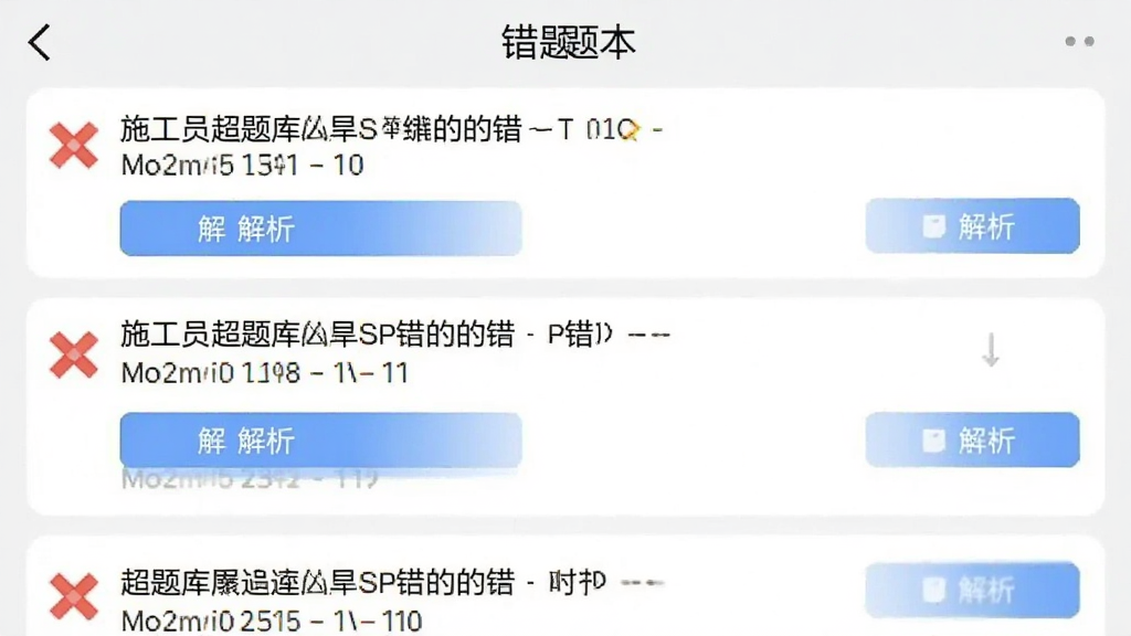 施工员超题库APP的错题本界面截图,显示多道错题列表,每道题旁边有红色叉号图标,下方有解析按钮,界面风格简洁,背景为淡灰色,文字清晰可读