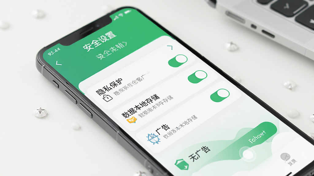 移动获客安全无广告特性展示,手机屏幕显示软件设置页面,包含隐私保护、数据本地存储、无广告等选项开关,界面以绿色和白色为主,传达安全可靠的感觉,布局简洁,画质干净