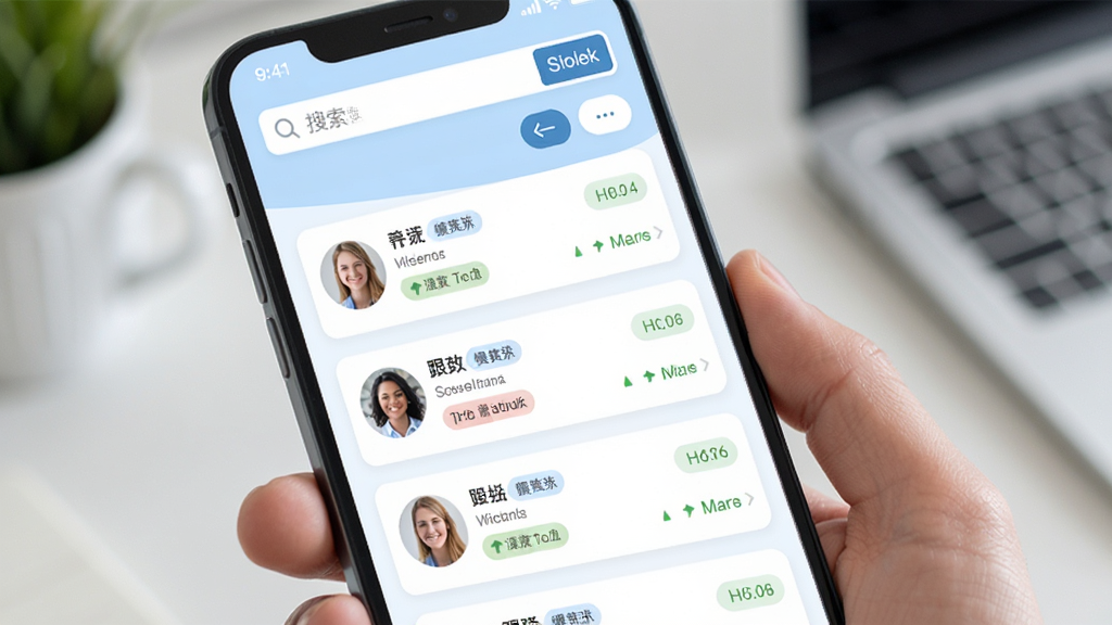 移动获客智能客户管理界面,手机屏幕展示客户信息列表,每个客户卡片带有标签和跟进状态,顶部有搜索框和筛选按钮,界面以浅蓝色和白色为主,布局清晰,文字标签明确,风格现代简约,画质干净