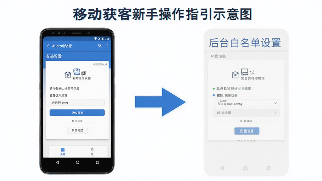 移动获客新手操作指引示意图,手机屏幕展示软件安装权限设置页面和后台白名单设置步骤,画面中有箭头标注操作顺序,界面为安卓系统设置风格,配色以蓝色和白色为主,布局清晰,画质干净
