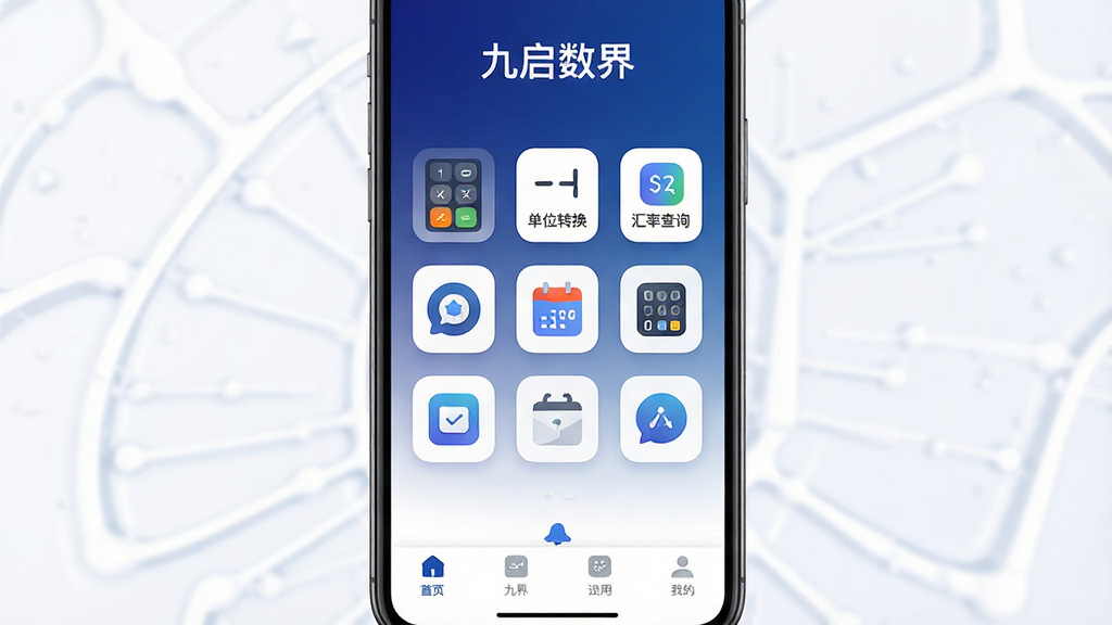 手机屏幕居中展示九启数界应用主界面,界面顶部显示软件名称“九启数界”,中间区域排列着数字工具图标矩阵,包含计算器、单位转换、汇率查询、日期计算等模块,底部为导航栏,整体采用深蓝与白色渐变配色,扁平化设计风格,图标圆润清晰,背景干净无杂乱元素,画质高清,文字锐利无多余装饰