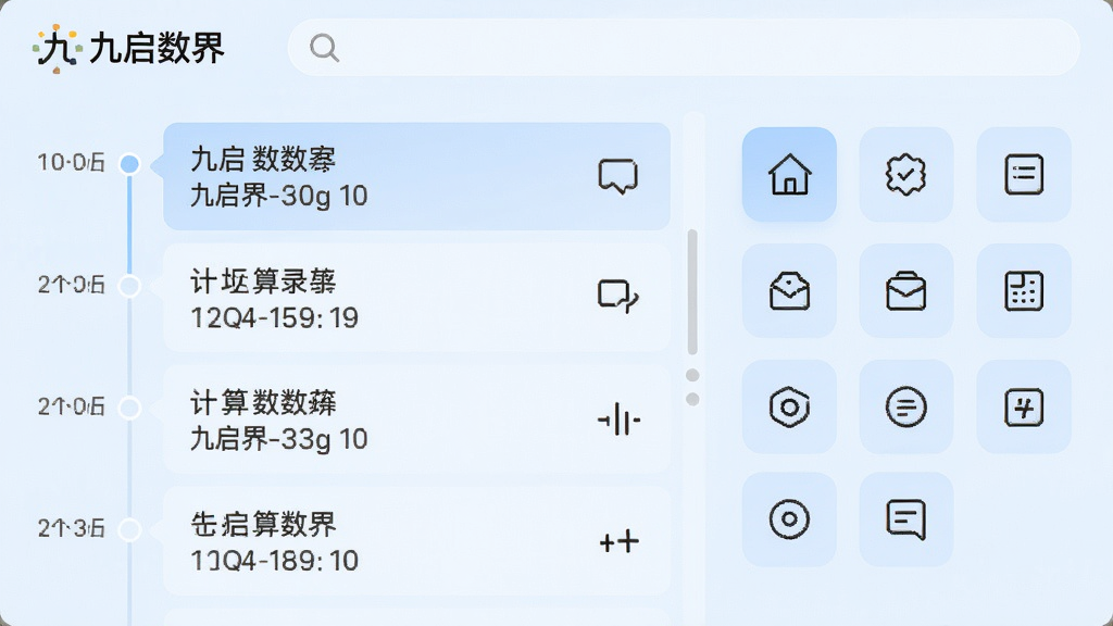 九启数界应用内历史记录页面,左侧为时间轴排列的计算记录列表,右侧为快捷收藏工具图标网格,顶部搜索栏显示“九启数界”标识,背景采用淡蓝色调,记录条目清晰可读,图标设计统一为线性风格,整体布局干净整洁,画质高清,无多余装饰元素