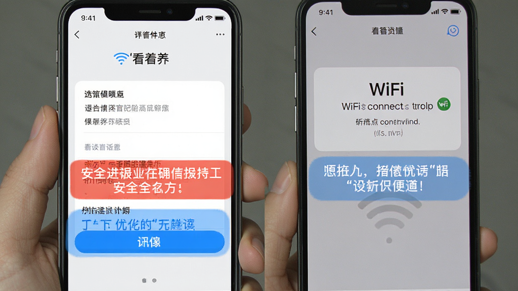 一张展示使用'看着养'APP时的手机操作界面截图,画面中显示权限设置页面和WiFi连接提示,用红色标记出重要的安全提示区域,用蓝色标记出优化建议区域,风格清晰直观,画质干净,无多余元素