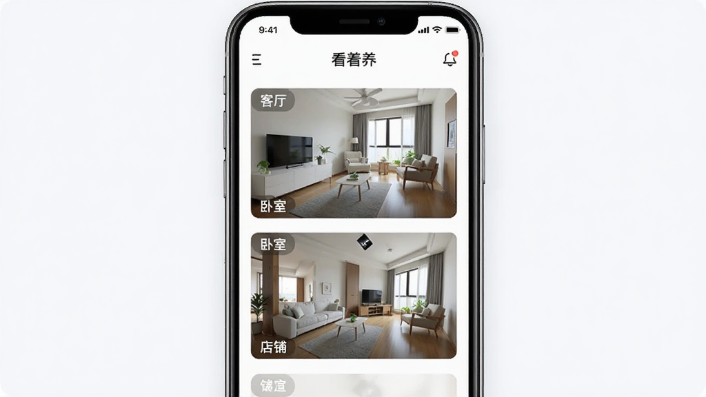 一张展示多设备管理功能的界面图,手机屏幕中的'看着养'APP显示着三个摄像头画面缩略图,分别标注着'客厅''卧室''店铺',画面布局整齐,风格简洁现代,色彩清爽,画质干净,无多余元素