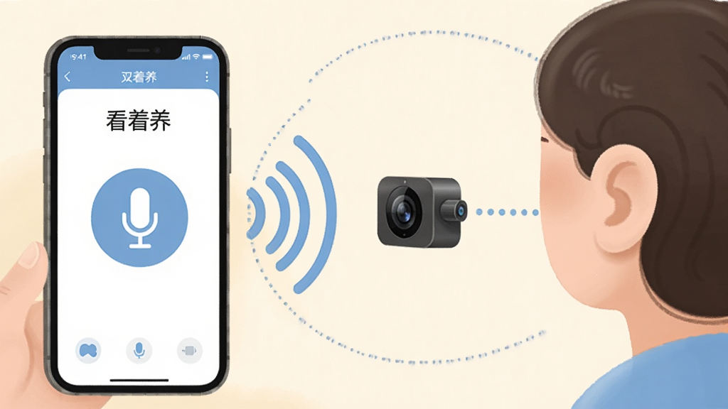 一张展示双向语音对讲功能的示意图,画面中手机屏幕里的'看着养'APP显示着麦克风图标,声波从手机传到摄像头再传到另一端的人物耳中,形成完整的语音交流闭环,风格温馨,色彩柔和,画质干净,无多余元素
