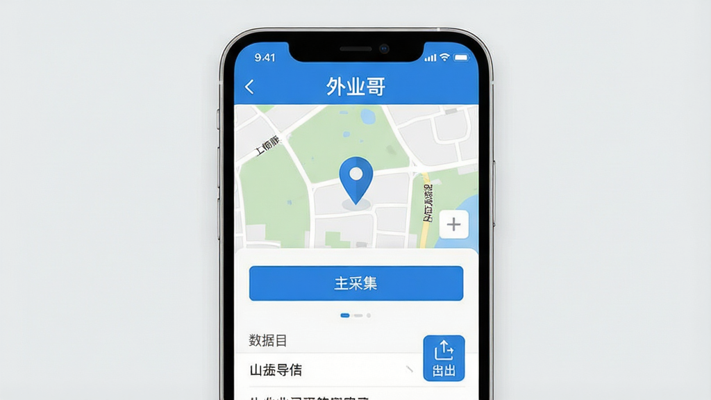 一张手机屏幕展示外业记录软件主界面的图片,画面中央是手机,屏幕显示蓝色和白色为主的应用界面,顶部有“外业哥”文字标识,中间是地图定位标记和采集按钮,底部有数据列表和导出图标,背景是简洁的浅灰色,风格现代扁平,细节清晰,画质干净无多余元素