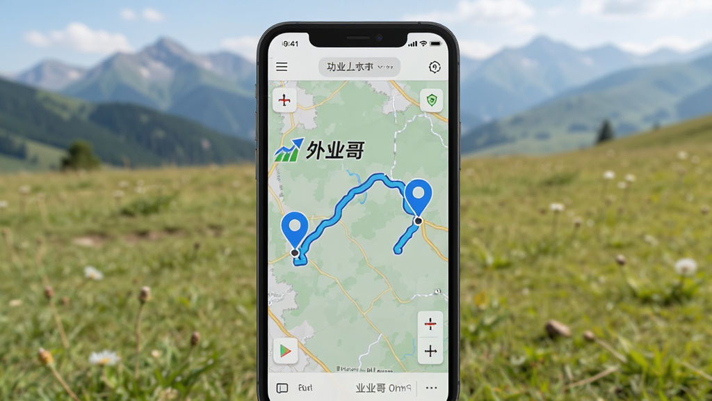 一张手机屏幕显示外业哥轨迹记录功能的图片,画面中央是手机,屏幕显示地图上有蓝色轨迹线,起点和终点有标记,旁边有“外业哥”文字,背景是户外草地和远山,风格写实,画质干净无多余元素