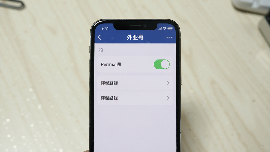 一张手机屏幕显示外业哥设置界面的图片,画面中央是手机,屏幕显示权限开关和存储路径选项,顶部有“外业哥”文字,背景是浅色桌面,风格简洁,画质干净无多余元素