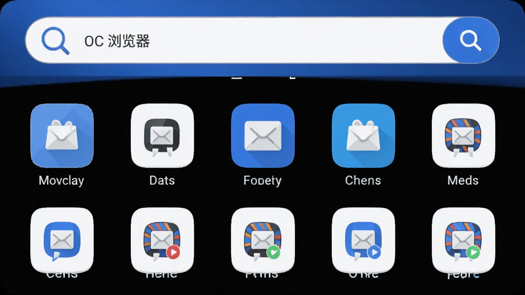 OC浏览器极速版 手机应用主界面 展示极简搜索框和常用网站导航图标 蓝白配色 清爽风格 布局简洁 排版整齐 扁平化设计 无广告弹窗 画质干净 无多余元素