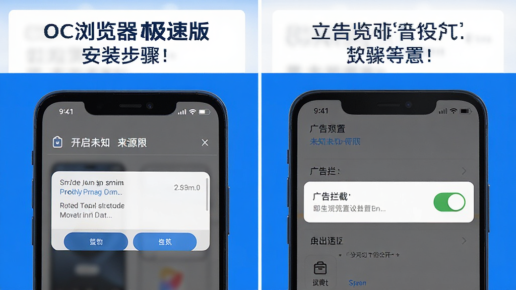 OC浏览器极速版 安装步骤示意图 展示手机设置中开启未知来源权限的界面 以及浏览器设置里广告拦截开关位置 布局为左右分栏 风格简洁 蓝白配色 画质干净 无多余元素