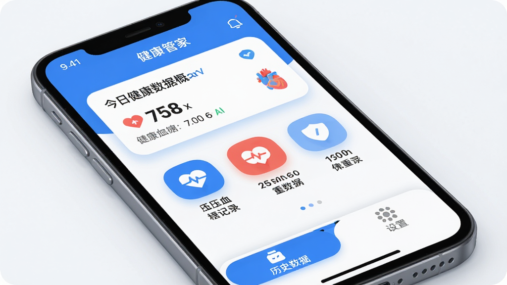 健康追踪管家应用主界面展示,画面中央是手机屏幕,屏幕内显示健康追踪管家的首页布局,顶部是今日健康数据概览卡片,中间是血压血糖体重记录入口图标,底部是历史数据与设置选项卡,整体以蓝白配色为主,风格简洁清爽,细节圆润,画质干净无多余元素