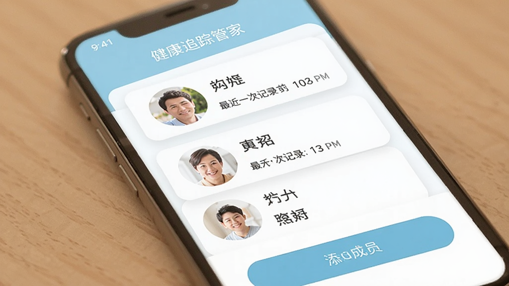 健康追踪管家家庭成员管理界面,手机屏幕显示成员列表页面,每个成员卡片上有头像、姓名和最近一次记录时间,下方是添加成员按钮,界面以浅蓝色和白色为主,布局清晰,风格温馨简洁