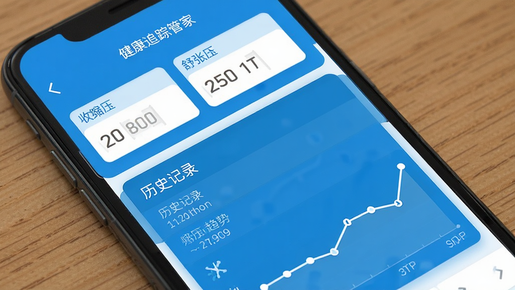 健康追踪管家数据记录界面,手机屏幕显示血压记录页面,上方是收缩压舒张压输入框,下方是历史记录列表和折线趋势图,蓝色调为主,界面干净整洁,文字标注清晰,风格现代扁平
